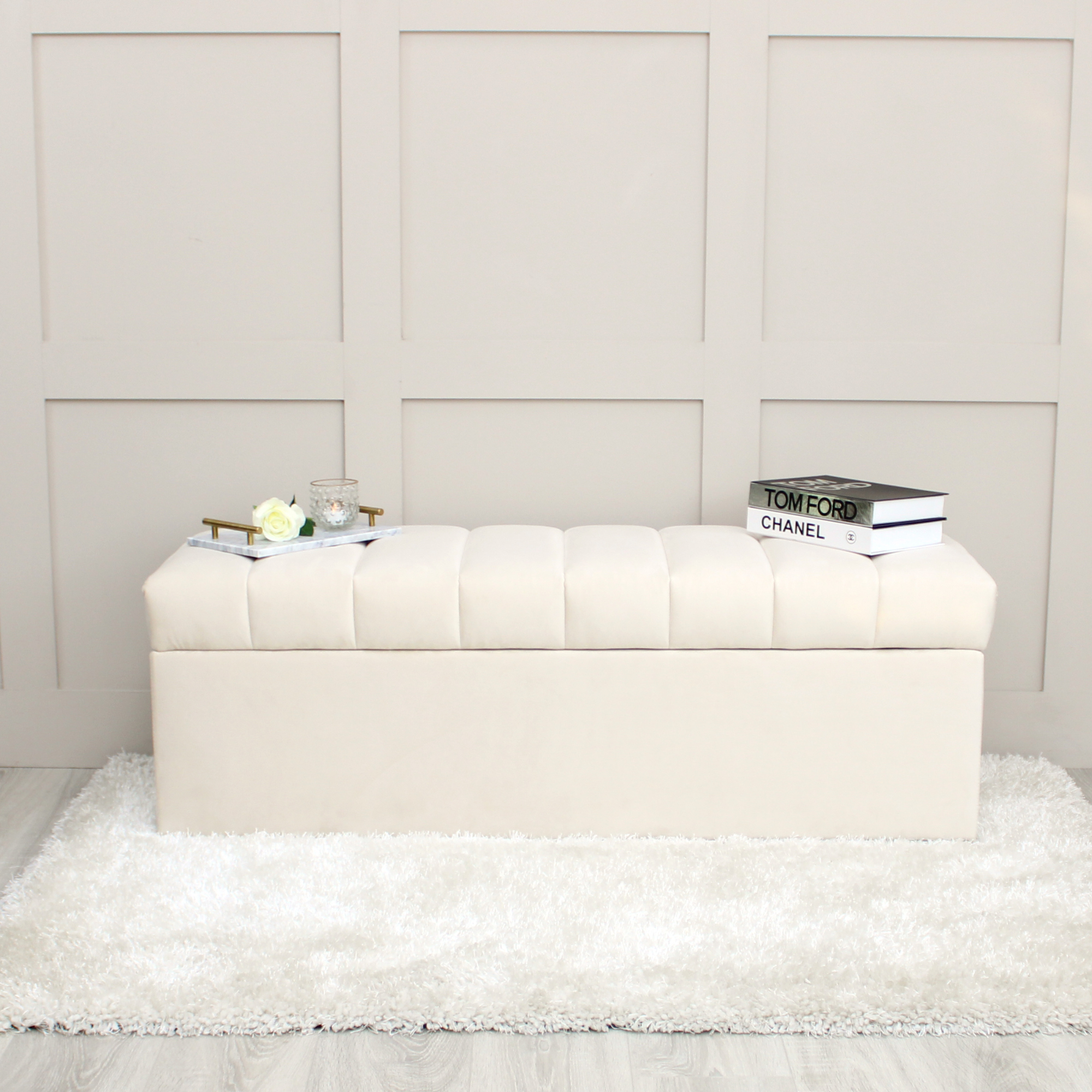Leo Cream Velvet Ottoman Storage Bench